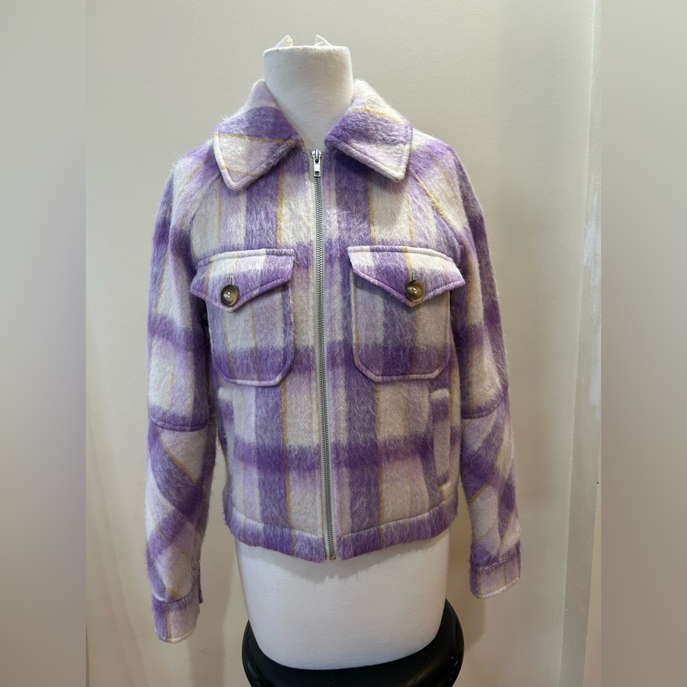 Avec Les Filles Lavender Plaid Teddy Jacket Full Zip XXS